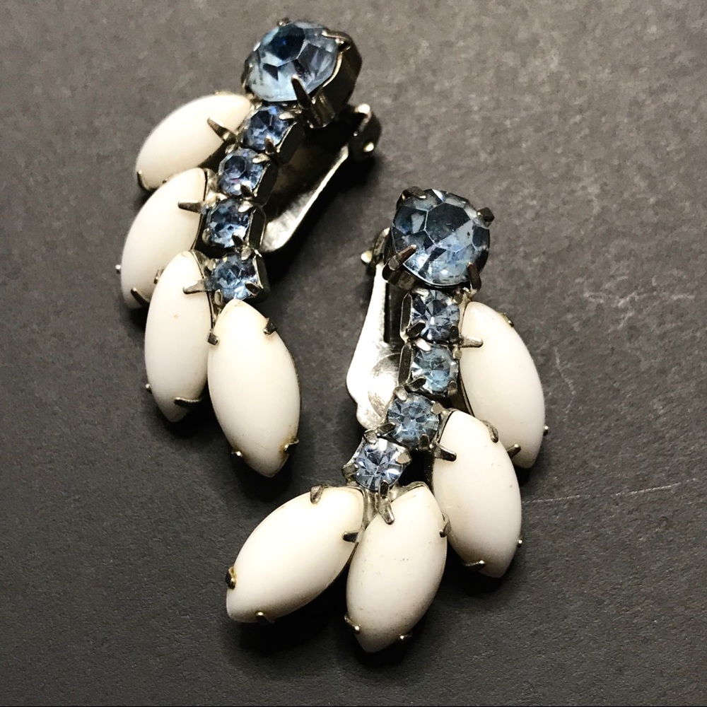 Vintage Earrings Milk Glass Rhinestone Ear Climber